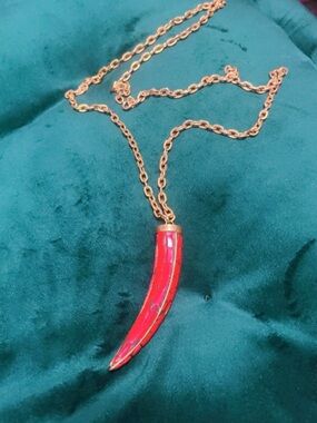Italian Mosaic Gold Chain Necklace with Red Horn Pendant